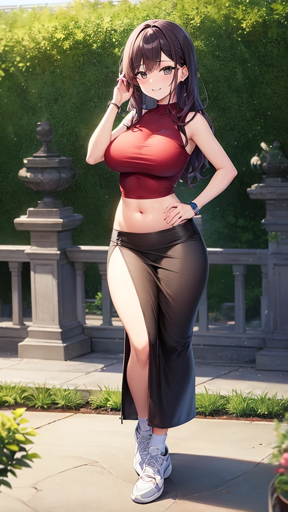 masterpiece, best quality, 1girl, beautiful woman with wavy hair, dark red purple hair, large breasts, slim body, red t-shirt, black maxi pencil skirt, long tight maxi pencil skirt, white socks, sneakers, midriff, belly, waist, hip bone, bracelet, watch, summer, garden, looking at viewer, full body, stylish pose, fashion pose, model pose, hand on own hip, nervous smile, blush, happy, teeth, awkward