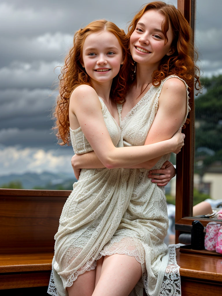 A beautiful young mother Sadie Sink and her 8-year-old daughter with redhead curly hair, loving embrace, woman wearing a low-cut lacy feminine 1492 dress leaning on a dresser, rainy sky background