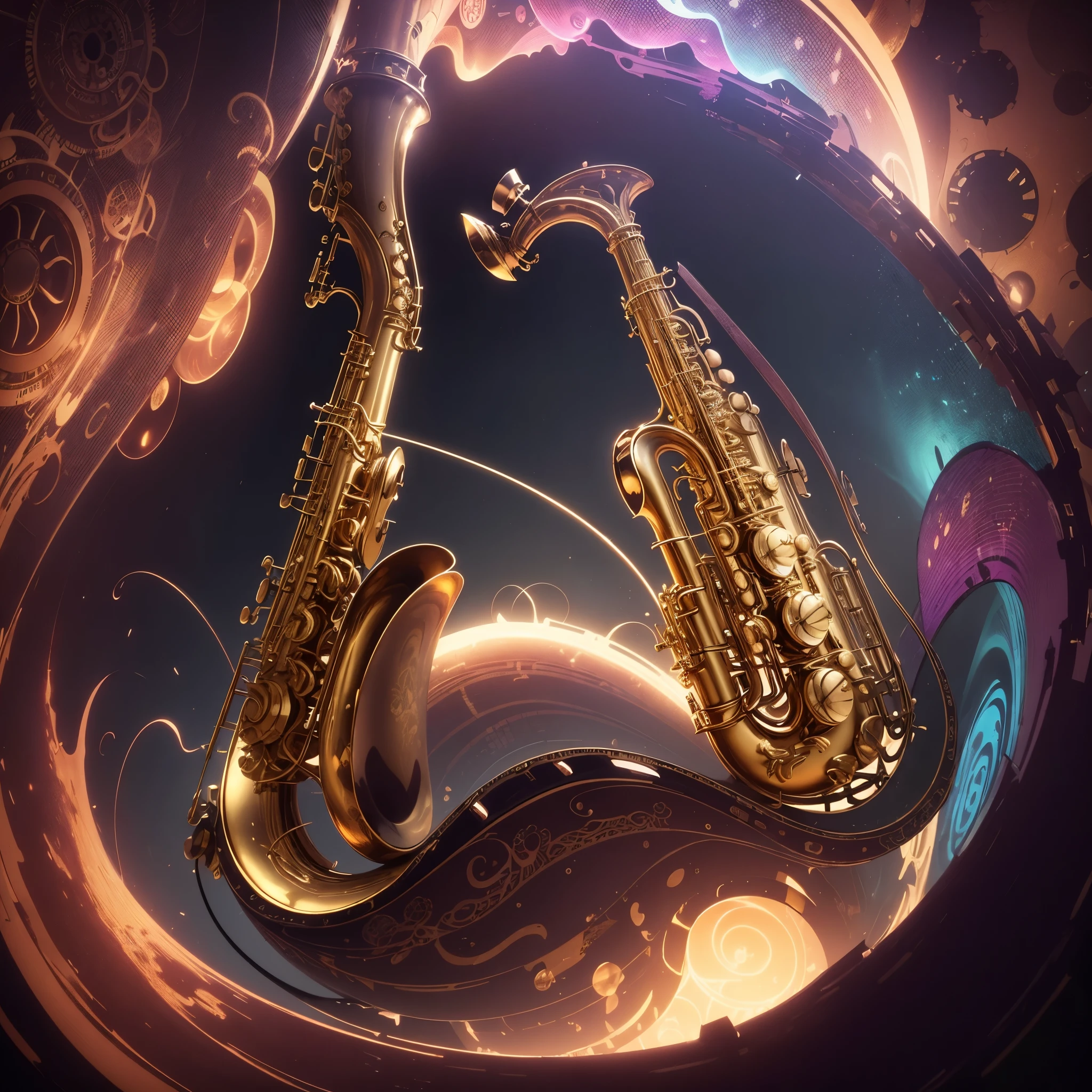 Create a surreal and psychedelic steampunk scene with a single, large saxophone as the central element. The saxophone should be highly detailed with a shiny, metallic texture and steampunk embellishments. Central Saxophone: The saxophone should be the focal point of the image, featuring elaborate steampunk details. It should have intricate brass and copper elements, with visible gears and pipes integrated into its design. Ensure the saxophone appears to float prominently in the scene. Psychedelic Background: Surround the saxophone with a vibrant, surreal background. Use swirling, abstract patterns and bright, vivid colors to create a psychedelic effect. Incorporate flowing, liquid-like shapes and dynamic gradients to enhance the dreamlike quality. Atmospheric Effects: Add glowing light effects or soft, ethereal fog around the saxophone to emphasize its presence and create a mystical ambiance. Steampunk Accents: Integrate subtle steampunk motifs such as floating mechanical gears or cogs within the background or around the saxophone to reinforce the theme without overshadowing the main element. The overall mood should be a blend of dark mystery and vivid psychedelia, with the saxophone as the captivating centerpiece