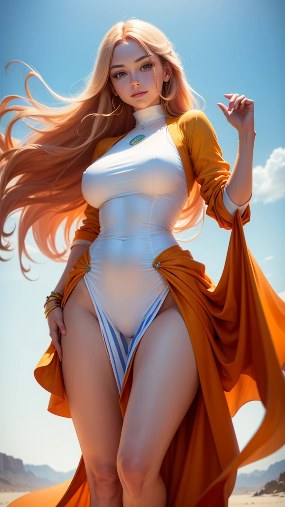 a beautiful young woman with long orange hair, big breasts, wearing a tight long orange shirt and dress, blue eyes, soft white skin, smiling, hair blowing in the wind, standing in a white background, full body covered