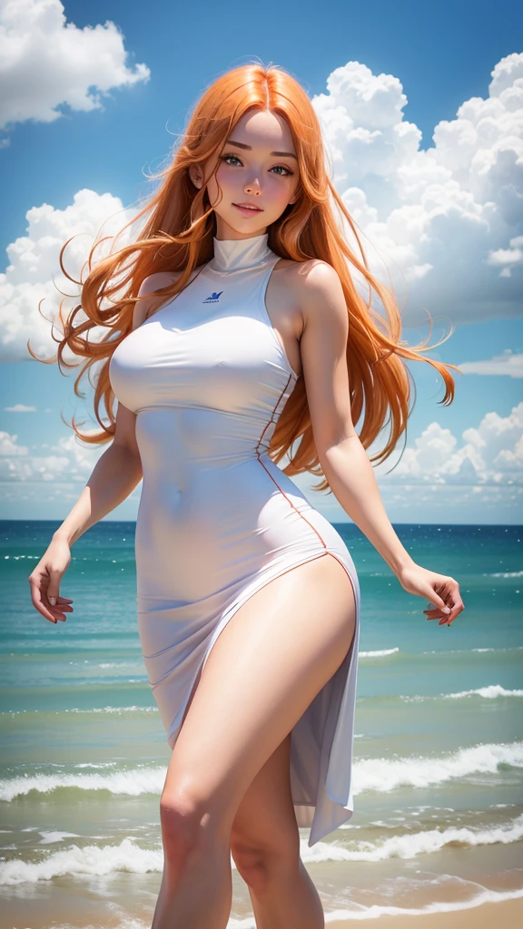 a beautiful young woman with long orange hair, big breasts, wearing a tight long orange shirt and dress, blue eyes, soft white skin, smiling, hair blowing in the wind, standing in a white background, full body covered