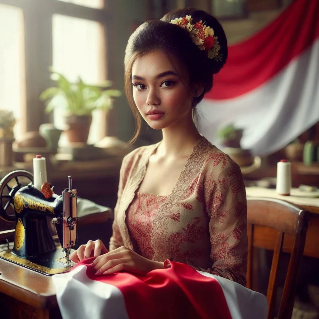Create a picture of a beautiful Indonesian woman with a perfect round face without any flaws. Hair in a bun. Realistic skin. Sitting in front of a sewing machine with a cloth draped over the table and the person's lap. The cloth should be red and white, resembling a flag. The setting is indoors with a vintage feel, natural light coming in through the window, and there is an Indonesian flag visible in the background. The person is wearing traditional kebaya and Javanese jarik 