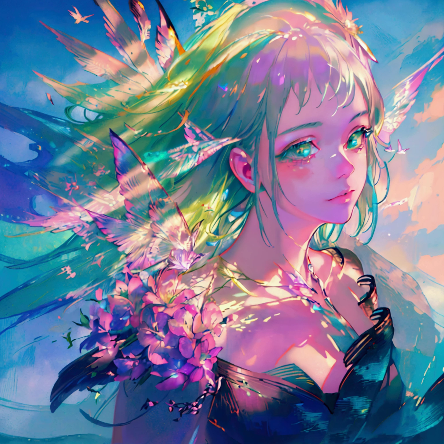 A cute fantasy fairy, 1girl, beautiful detailed eyes, beautiful detailed lips, extremely detailed face and skin, long eyelashes, fairy with rainbow wings, whimsical expression, glowing ethereal wings, colorful feathered wings, dazzling rainbow wings, intricate wing details, floating weightlessly, magical sparkling particles, walking through a fantasy meadow, lush green grass, vibrant wildflowers, warm sunlight, glowing ambient lighting, (best quality, 4k, 8k, highres, masterpiece:1.2), ultra-detailed, (realistic, photorealistic, photo-realistic:1.37), fantasy, digital art, concept art, highly detailed, vibrant colors, soft focus