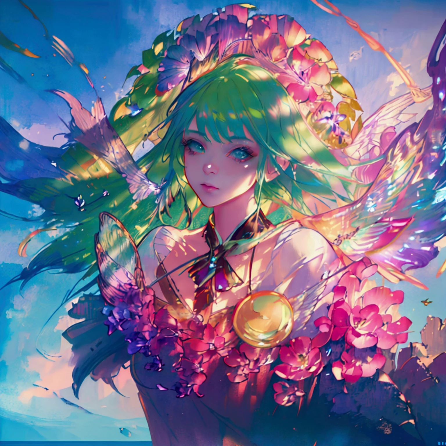 A cute fantasy fairy, 1girl, beautiful detailed eyes, beautiful detailed lips, extremely detailed face and skin, long eyelashes, fairy with rainbow wings, whimsical expression, glowing ethereal wings, colorful feathered wings, dazzling rainbow wings, intricate wing details, floating weightlessly, magical sparkling particles, walking through a fantasy meadow, lush green grass, vibrant wildflowers, warm sunlight, glowing ambient lighting, (best quality, 4k, 8k, highres, masterpiece:1.2), ultra-detailed, (realistic, photorealistic, photo-realistic:1.37), fantasy, digital art, concept art, highly detailed, vibrant colors, soft focus