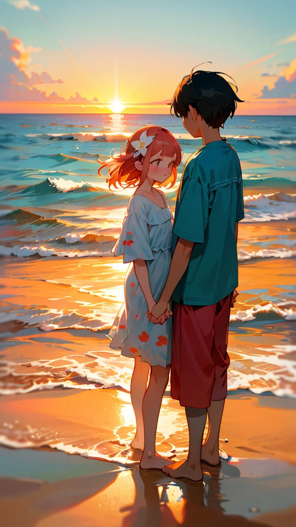 (sea:1.1)(unset by the sea), two people sitting on the back of the beach They hold hands The girl has flowers in her hand The boy looks down at her dotingly(requirements:a warm color palette
