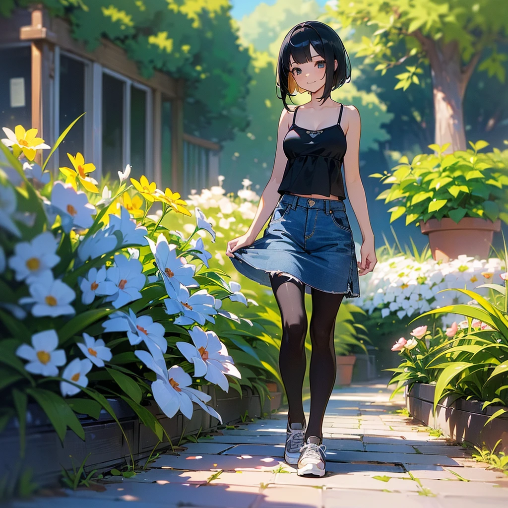 (high quality, High resolution, Very detailed, reality:1.37), Peaceful atmosphere, (Outdoor, garden), Teenage girl standing alone, (my breasts are big.), Beautiful details, Cute Smile, (Black bob hair), camisole, Denim skirt, Black tights, sneakers.