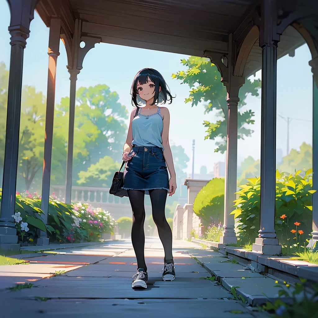 (high quality, High resolution, Very detailed, reality:1.37), Peaceful atmosphere, (Outdoor, garden), Teenage girl standing alone, (my breasts are big.), Beautiful details, Cute Smile, (Black bob hair), camisole, Denim skirt, Black tights, sneakers.