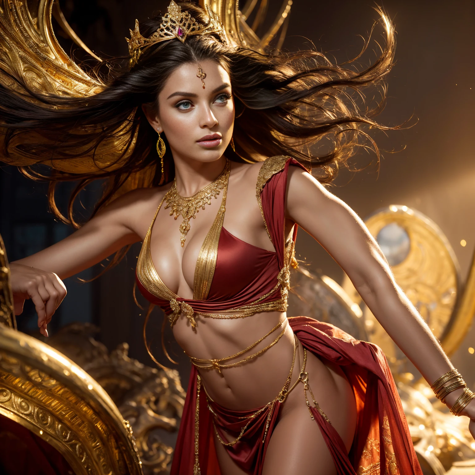 The prompt: "Nude princess of Mars, intricate details, intricate gold jewelry, athletic and fit body, slutty, perfect hands, detailed hands, perfect eyes, detailed eyes, flirty, sexy, realistic, HDR, UHD, dynamic" Stable Diffusion prompt: "princess of Mars, intricate details, intricate gold jewelry, athletic and fit body, slutty, perfect hands, detailed hands, perfect eyes, detailed eyes, flirty, sexy, realistic, HDR, UHD, dynamic, oil painting, flowing red gown, vibrant colors, cosmic tattoos, glowing aura, fiery landscapes, captivating gaze, alluring charm, hypnotic atmosphere, celestial crown, radiant sunlight, intricate facial features, shimmering body jewelry, majestic presence, ethereal beauty, powerful aura, goddess-like elegance, otherworldly landscapes, striking pose, intense passion, alluring shadows, seductive allure, seamless blending of humanity and Martian heritage, evocative lighting, compelling gaze, sensuous curves, exquisite craftsmanship, divine femininity, transcendent allure, immortal grace, enigmatic beauty, mesmerizing radiance, awe-inspiring scenery, spellbinding energy, intoxicating blend of strength and vulnerability."