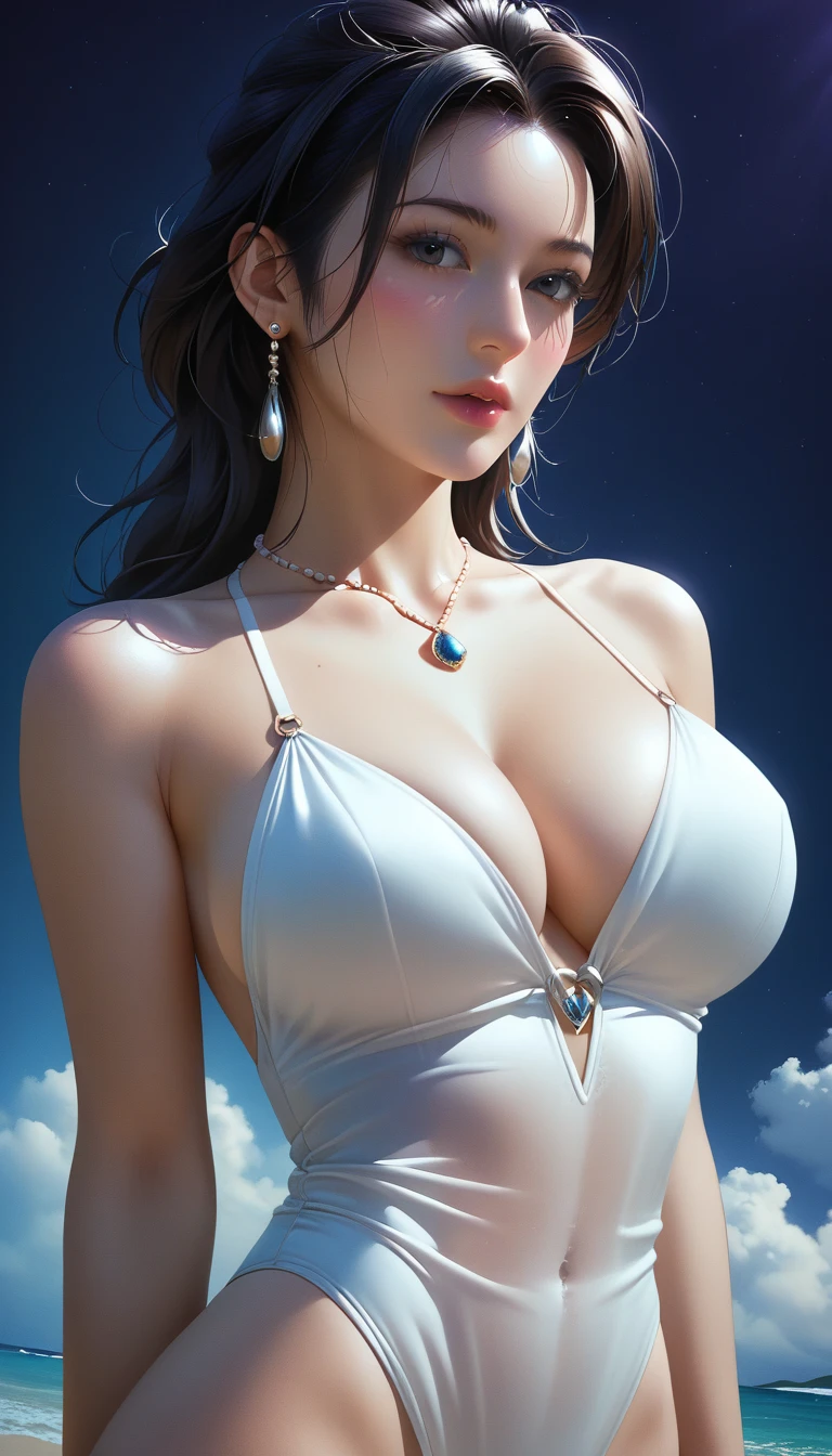 score_9, score_8_superior, score_7_superior, Masterpieces with up to 16K resolution,Highest quality,it is really amazing,Very detailed,Ultra-high resolution,(Ultra-realistic:1.1),(Realistic:1.1),Increased depth of field,Cinematic lighting,
Elegant Japanese MILF,
Long black hair,Ultra-detailed and beautiful faces,Translucent white skin,Very detailedな肌,
(Elegant white swimsuit:1.1),
Bold design,Artistic design,Beautiful and detailed pattern,Detailed fabric texture,
Gorgeous necklace,Earrings,
(Bali Beach:1.1),(Dark beach at night:1.1),(Deserted beach:1.1),(A pitch black night sky with dark clouds:1.1),
(Dramatic Angle:1.1),
