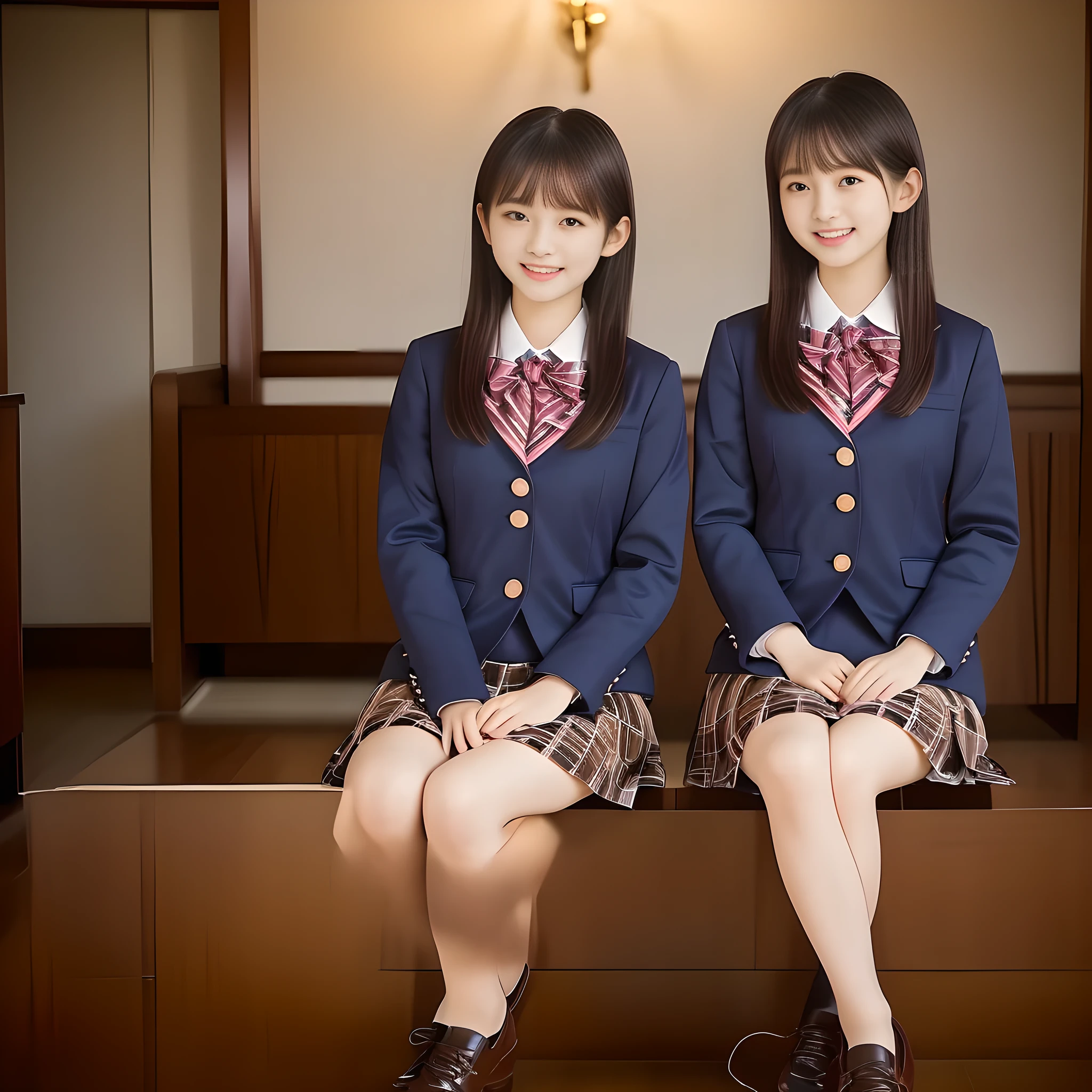 (Highest quality, masterpiece:1.2), Highest quality, High resolution, 1080P, 8k, height: 158cm, ((Noble, graceful and intelligent 14yo Japanese young idles who have a best proportion are seated and singing religious hymn chorus with opening their mouth, all of them are watching at me!: 1.5)), ((So sweet, very noble, neat, and pretty 14yo Japanese beautiful fashion magazine models are surrounding me and looking gracefully at me: 1.6)), ((All of them are looking directly at me,)) ((((Very pure white face and limbs)))), Glossy Lips, (Evenly cut curled bangs), ((Very beautiful, droopy, cute, pure, noble, intelligent brown eyes with detailed: 1.6)), ((Some have super long twin brands hair and some has wavy long hair)), (Very shiny, glossy Lips), ((Beautiful straight hair like a school promotion model)), Watch at you, ((Incredibly well organized, Rich facial expressions)), ((Plump and beautiful white skin and face)), ((Pure, clear, gentle brown eyes)), ((staring at me)), Glossy Lips, ((Noble and elegant)), ((Large upward-curving lips)), ((((Navy gorgeous Japanese school blazer with noble golden emblem)))), ((Navy and sapphire blue Japanese school gorgeous uniform)), ((Tartan check pattern dark blue and navy pleated gorgeous skirt with beautifully fat calf: 1.0)), ((Blue gloss chest ribbon: 1.0)), ((((An ecstatic expression of boundless joy)))), (((Beauty and fashion magazine for young girls))), ((Cute beautiful knees)), ((Well-shaped ample breasts)), ((Tilting his head and smiling)), ((Plain darkness background: 1.5)), (Singing in religious happiness and inviting me to the happiness with them: 1.0), ((Too beautiful women to stop falling into them: 1.6)), ((They are in fact succubi and seated with strong religious temptation))