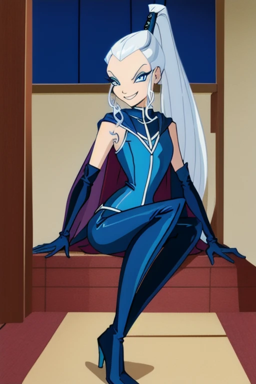  blue eyes, white hair, ponytail, very long hair, eyeshadow, WitchOutfit, sleeveless, dark-blue bodysuit, kneeboots, gloves, cloak, blue cape, icywinx, smile, room