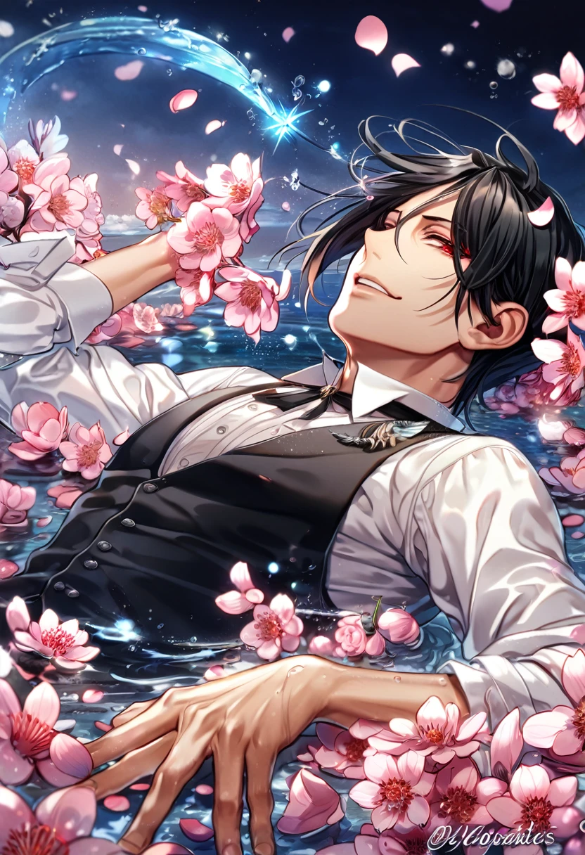 absurdres, highres, ultra detailed, HDR, master piece, Sebastian Michaelis, black hair, expressive red eyes, white shirt, toned chest, Kuroshitsuji, sexy man, handsome, best quality, blossoms, pink petals, pink flowers, fantasy, magical, blue shining fireflies, solo, water, handsome smile, sensual, Black Butler