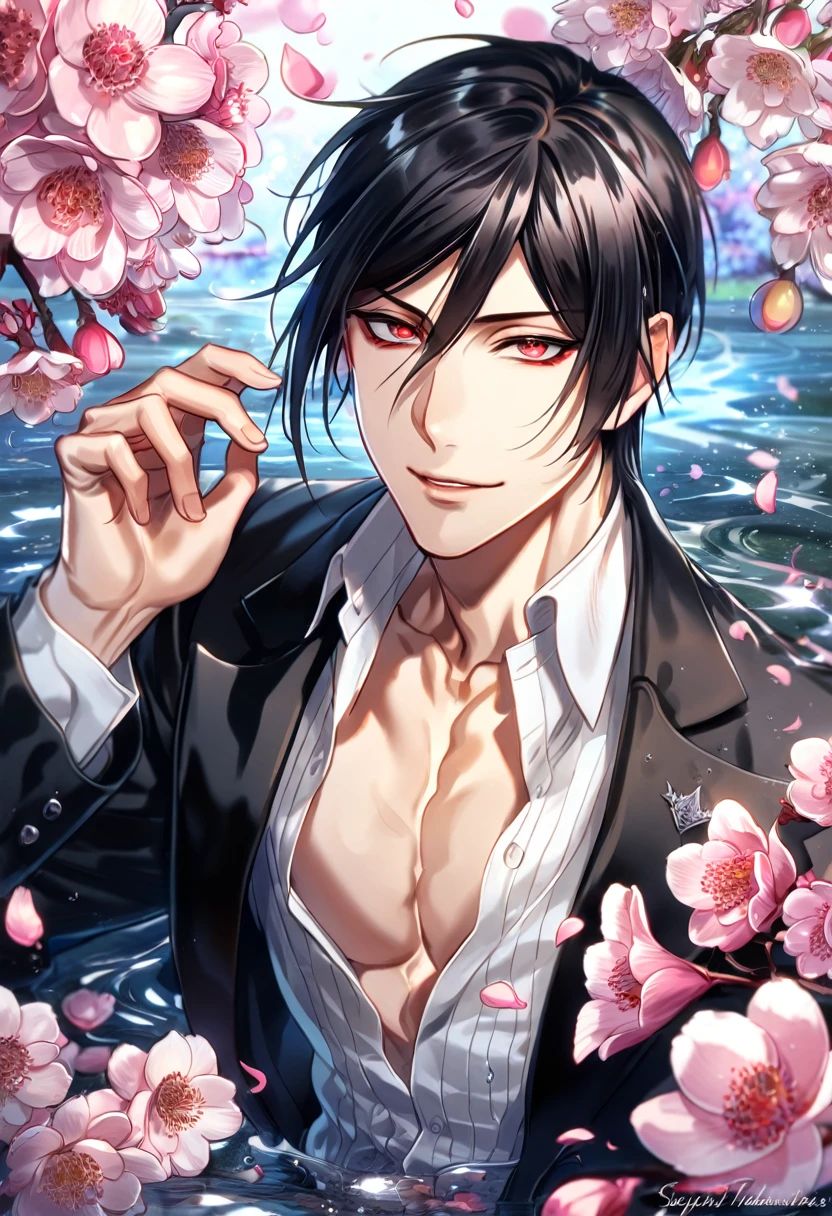 absurdres, highres, ultra detailed, HDR, master piece, Sebastian Michaelis, black hair, expressive red eyes, white shirt, toned chest, Kuroshitsuji, sexy man, handsome, best quality, blossoms, pink petals, pink flowers, fantasy, magical, blue shining fireflies, solo, water, handsome smile, sensual, Black Butler
