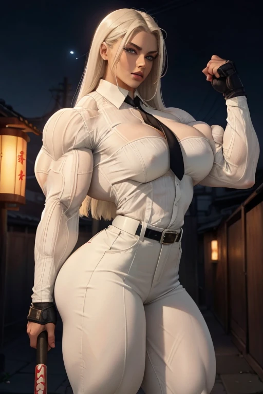 ((Close-up)), tall, (White hair) beautiful muscular woman, long straight hair, light brown skinned, closed smile, (black lipstick), big breast, (massive muscles), (hyper muscle), ((ginormous bulky muscles)), glowing blue eyes, (((white long sleeve pleated shirt))), ((formal pants with belt)), (fingerless gloves), (carrying a baseball bat), (neck tie), boots, night in Japan alley,