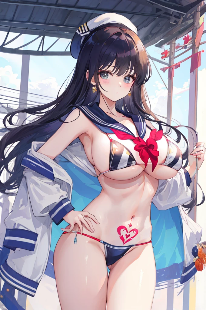 A woman with big ，Gorgeous young princess，clavicle，Prominent and smooth underbreast area，Very transparent，(Bikini:Sailor Suit|1.2)，Intricate details，Beautifully，Showing belly，Hip tattoo, 