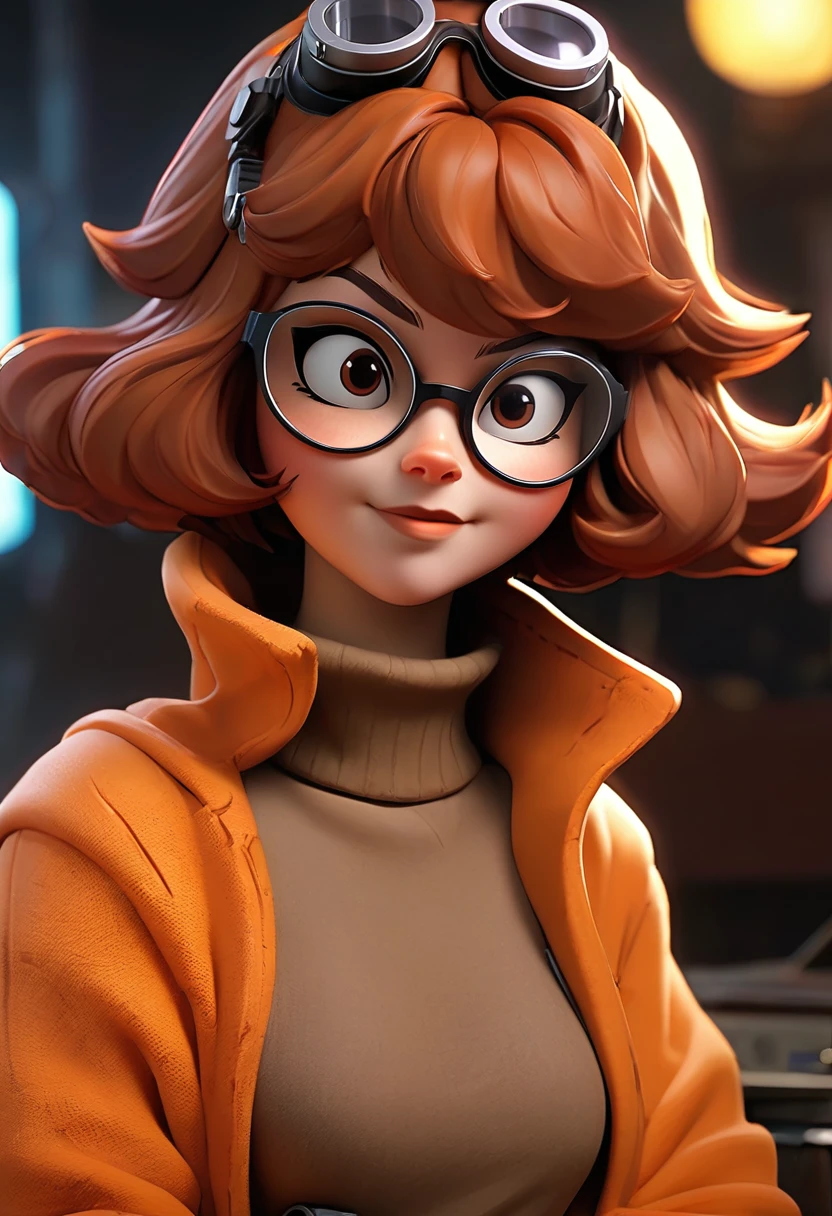 masterpiece,best quality, highly detailed, score_9, score_8_up, score_7_up, score_6_up,source anime,BREAK
 velma,1girl, glasses, solo, breasts, brown hair, turtleneck, sweater, brown eyes, short hair, freckles, ((large breasts)), lips, smile, turtleneck sweater, orange sweater, looking at viewer, bangs, parted lips, ((glowing cyberpunk goggles)), full body