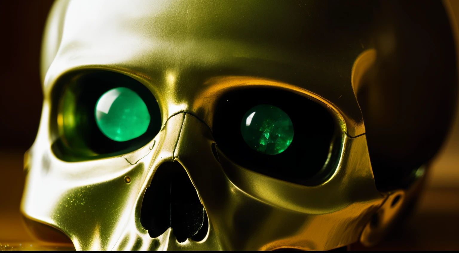 There is a skull that has two emeralds in its eye sockets.