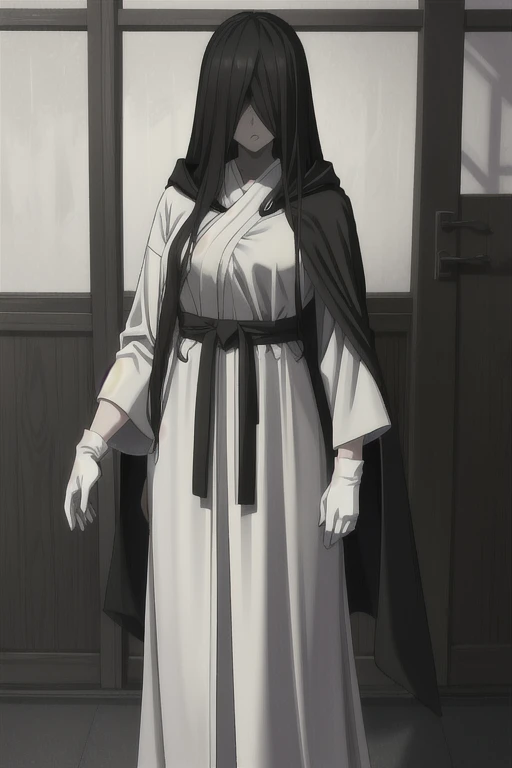 ((masterpiece)), (best quality), (absurdres), black hair, yamamura_sadako, (black obi), (grey skin), hair over eyes, eyes covered, long skirt, looking at viewer, cape, long sleeves, cloak. White gloves