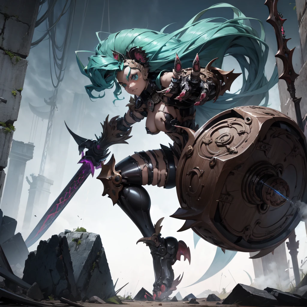 Ore shield Aegis platinum Robot steampumk Girl Automaton, mecanismos sombrios, uma Arma Mangual Aberrante repousa, A nightmare creation ready for action. This mangrove weapon is a grotesque monstrosity, with twisted tentacles that form the extension of the weapon. Each tentacle ends in an eyelid with sharp, tusked teeth, projecting like lethal blades. The body of the weapon is adorned with manic eyes that are filled with stitched human arms and tentacles that writhe like serpents. Apesar de estar acorrentada, the Aberrant Mangual Weapon displays an expression of madness and extreme insanity, as if it were a living extension of the chaos that inhabits the dungeon. Seus olhos brilham com uma intensidade perturbadora. The surrounding environment is threatening, with damp stone walls and a silence that seems oppressive. The Mangual Aberrant Weapon is a cursed relic, A weapon that defies all notions of sanity and can unleash destruction at any time.