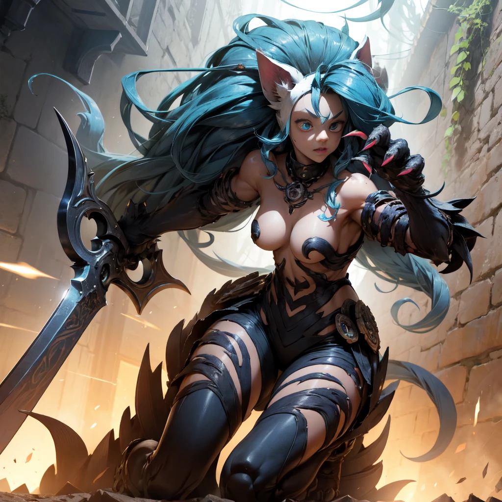 Ore shield Aegis platinum Robot steampumk Girl Automaton, mecanismos sombrios, uma Arma Mangual Aberrante repousa, A htmare creation ready for action. This mangrove weapon is a grotesque monstrosity, with twisted tentacles that form the extension of the weapon. Each tentacle ends in an eyelid with sharp, tusked teeth, projecting like lethal blades. The body of the weapon is adorned with manic eyes that are filled with stitched human arms and tentacles that writhe like serpents. Apesar de estar acorrentada, the Aberrant Mangual Weapon displays an expression of madness and extreme insanity, as if it were a living extension of the chaos that inhabits the dungeon. Seus olhos brilham com uma intensidade perturbadora. The surrounding environment is threatening, with damp stone walls and a silence that seems oppressive. The Mangual Aberrant Weapon is a cursed relic, A weapon that defies all notions of sanity and can unleash destruction at any time.
