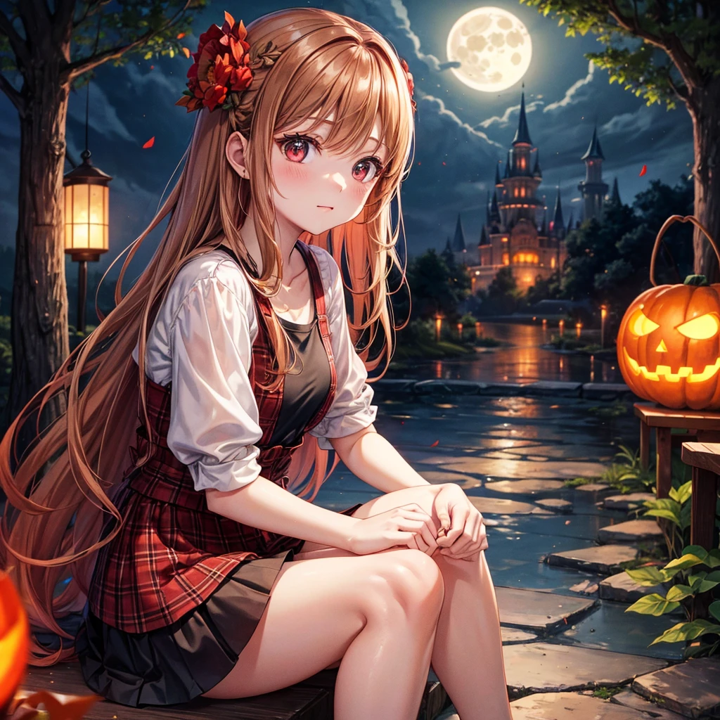 reddish brown blonde、Red eyes、One cute girl、solo、And soul、Light clothing、Checked mini skirt、petal、Wet hair、Sit on、black t-shirts、large tree、cloud、Red full moon、monster castle、Lantern in the shape of a pumpkin、Hell's Gate、barefoot、Stones are piled up、Teeth are visible、Secret Treasure、Wooden chair、Moss grows、Fortress City、water is gushing out、Lightning strikes、Tilting face、Marble floor、Purple lipstick