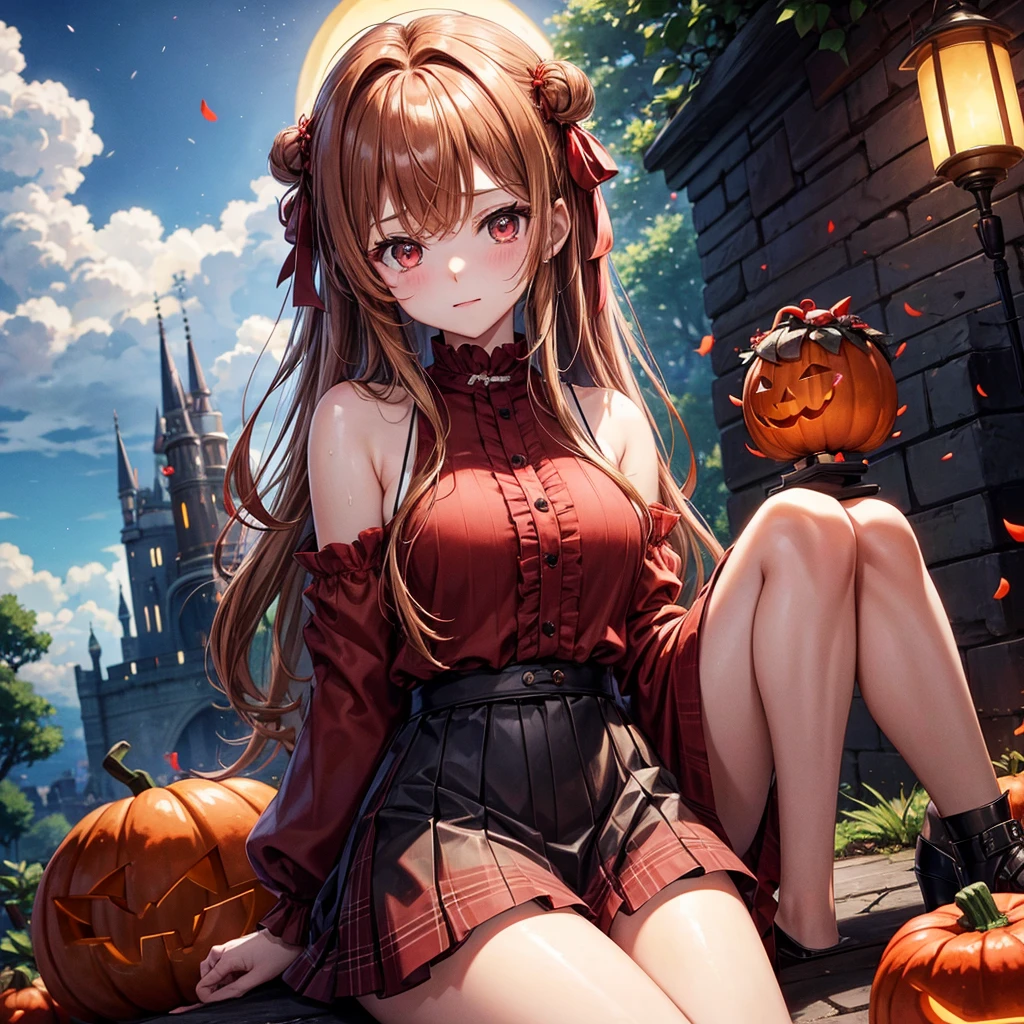 reddish brown blonde、Red eyes、One cute girl、solo、And soul、Light clothing、Checked mini skirt、petal、Wet hair、Sit on、black t-shirts、large tree、cloud、Red full moon、monster castle、Lantern in the shape of a pumpkin、Hell's Gate、barefoot、Stones are piled up、Teeth are visible、Secret Treasure、Wooden chair、Moss grows、Fortress City、water is gushing out、Lightning strikes、Tilting face、Marble floor、Purple lipstick