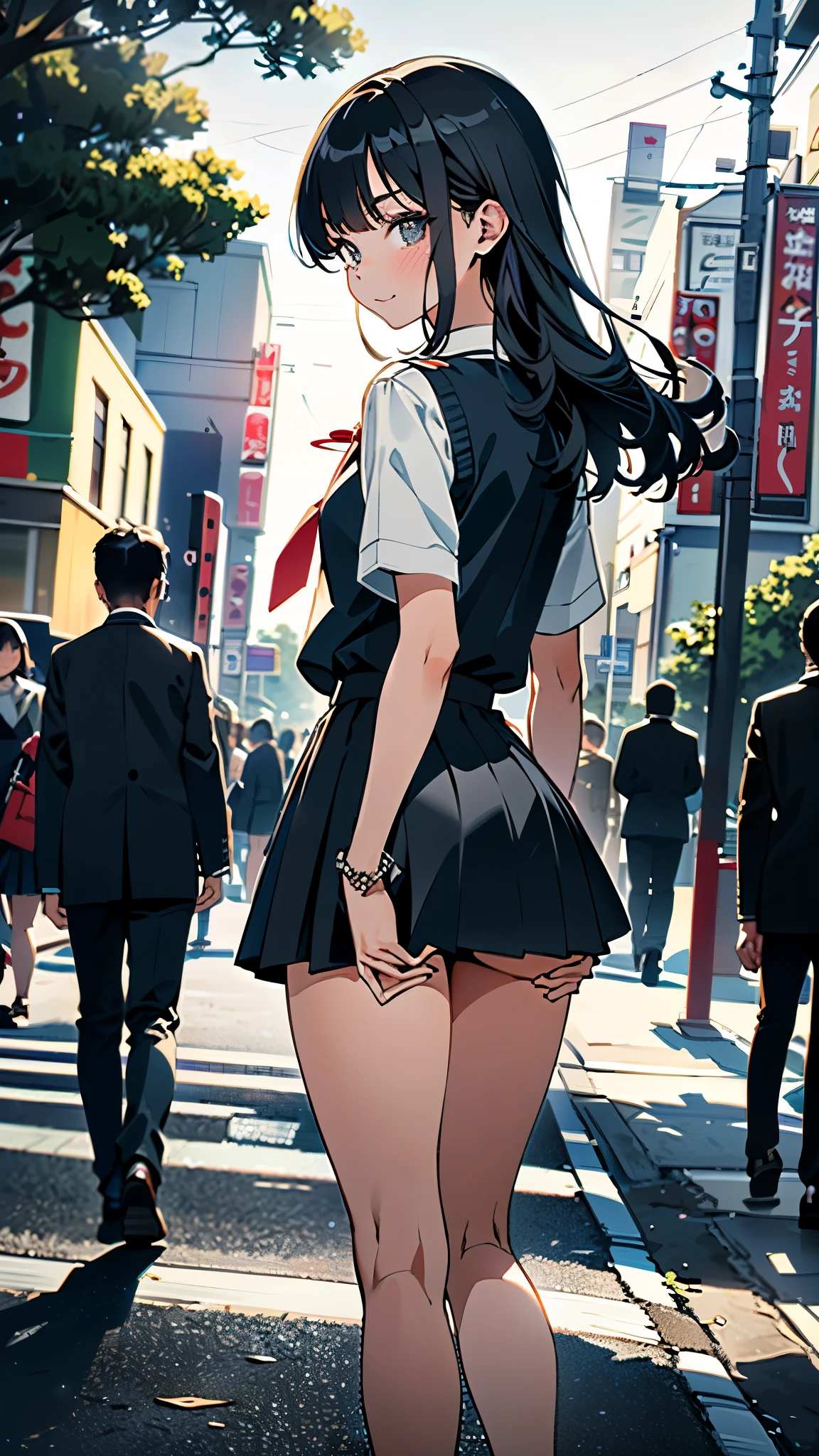 (8k, RAW Photos, 最high quality, masterpiece:1.2), high qualityのRAWカラー写真, Professional photo shoot, Cinematic Light, night、Late night、alone, (((young woman, Gal))), (Sharp features), (Small face), (Skin with attention to detail:1.2), clavicle, Cute Face, Beautiful appearance, Long eyelashes,Girl Turning Around, smile, (Black Hair, Long straight line), high school student, Red tie, High School Uniform:1.2, Navy large oversized knit vest, bracelet, Rolled up sleeves, oversized white shirt, Micro Mini Skirt, night Park, Birds chirping, Embarrassing, sad, Artistic painting,Attractive thighs, loafers、(Very nice touch:1.2), (Watery eye), sad雰囲気, Oil painting style, Dark colors, (Are standing:1.5, lean on a tree, )(((Focus on the butt))), Smooth texture, Gazing Eyes, Beautiful Skin, Glowing Skin, ((Perfect Fingers, Five Fingers, Anatomically correct)), Background Blur, high quality, Surreal, ((Very detailed, photo shoot)),,View from below、blush、(Many passersby)、Embarrassing、Full Body Shot、((backstyle))、((Grab the skirt))、Accentuate your butt、Turn around、look back、Embarrassed、blush、Healthy Thighs、((Accentuate your butt))、Butt upshot、Big Ass