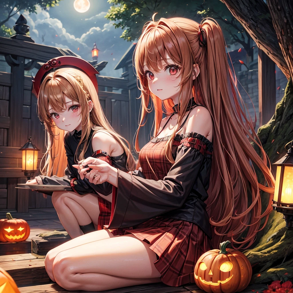 reddish brown blonde、Red eyes、One cute girl、solo、And soul、Light clothing、Checked mini skirt、petal、Wet hair、Sit on、black t-shirts、large tree、cloud、Red full moon、monster castle、Lantern in the shape of a pumpkin、Hell's Gate、barefoot、Stones are piled up、Teeth are visible、Secret Treasure、Wooden chair、Moss grows、Fortress City、water is gushing out、Lightning strikes、Tilting face、Marble floor、Purple lipstick