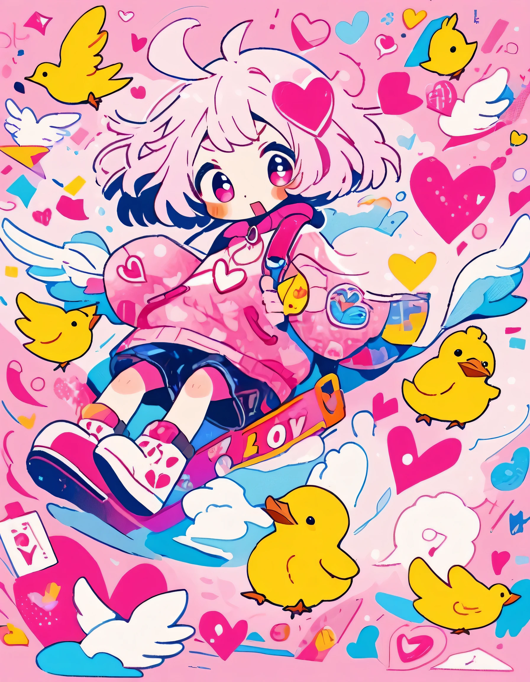 Mika Pikazo Pink and White Style、(((stylish fashion))), 8K Quality、Intense watercolor, Detailed watercolor art, Watercolor splash, surreal, avant-garde pop art, Beautiful and expressive paintings, Beautiful artwork illustration, Very colorful tones, wonderful, Cool beauty, highest quality、Official Art, vector art, Stylish design, (((The most beautiful girl))), (((highest quality))), HDR, ((detailed)), (((Doodle Art)), ((masterpiece)), ((Super detailed)), (((Colorful hearts))),(((Stylish))) Lips in love, (((Cute little birds)))