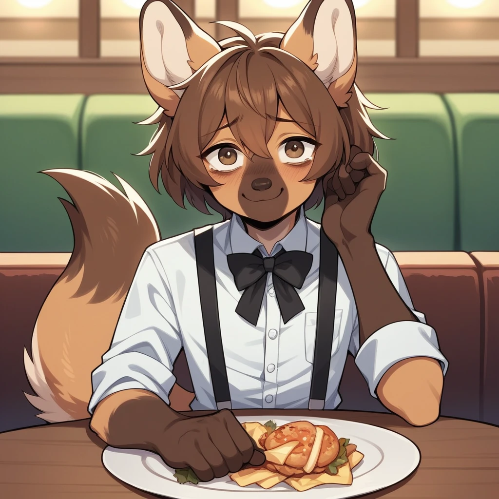 Solo, score_9, score_8_up, score_7_up, score_6_up, source_anime, kemono style,  Felix, androgynous, anthro furry, maned wolf, brown eyes, feminine, femboy tall, tail, wagging tail, brown hair with pony tail, snout, shy posture, front view, in a restaurant, fancy restaurant background, pov, he is sitting across from viewer, sitting behind a dinner table, fancy dinner on the table, he looks nervous, fidgeting with his fingers, awkward smile, wearing white button up shirt, black bow tie, suspenders