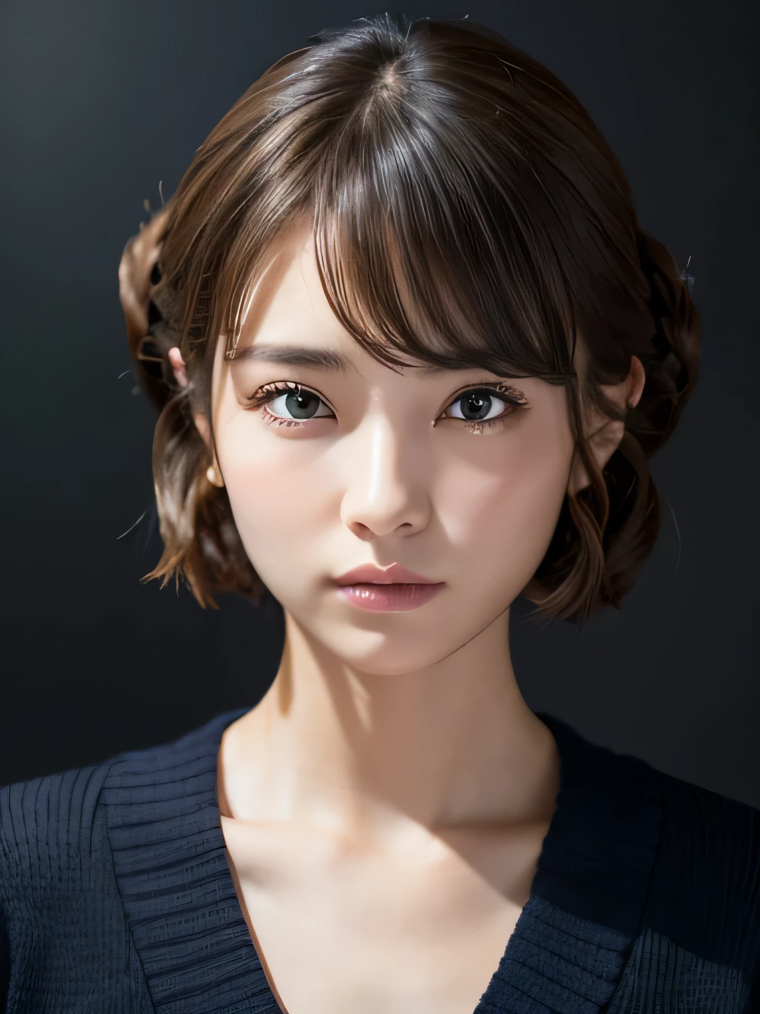 (masterpiece:1.3), (8k, Realistic, RAW Photos, Best image quality: 1.4), 20-year-old girl、(Random Hairstyles:1.2)、Highly detailed face、Attention to detail、double eyelid、Sharp focus:1.2、Beautiful woman:1.4、Light brown hair、Highest quality、masterpiece、Ultra-high resolution、(Realistic:1.4)、Highly detailed and professional lighting、Wear a blouse and a navy knit cardigan、thin、Serious expression、Short-haired、Beautiful Skin、Random Pause、Shiny Hair、Sculpture model pose、、Black background、Face close-up