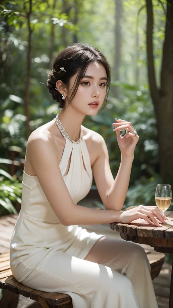  1girl, solo, short hair, dark hair, updo, elegant, white halter dress, sitting, wooden table, cup, outdoors, daytime, forest background, serene, delicate, soft lighting, natural light, jewelry, earrings, rings, looking to the side, young woman, peaceful, detailed, high quality