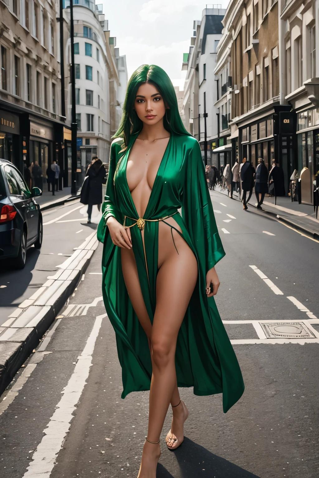 Photorealistic, masterpiece, 18 yo beautyful green haired latina, ????? in an open thin seethrough green robe, she is on the stairs in the garden of a 18th century mediterrean mansion, with roses and herbs, 8k, uhd, mansion and garden in background, detailed body, face, teenth, seducing look, photo from front, above