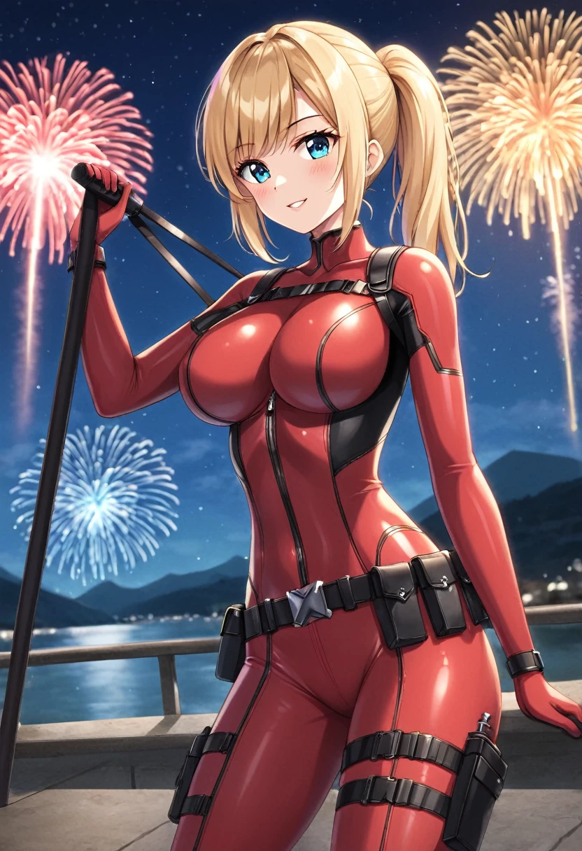  (Masterpiece), (best quality), (ultra high quality), (highres), (wallpaper 8k), BodySuit_lady_deadpool_ownwaifu,
1girl, mask, blonde hair, ponytail, long hair, large breasts, no pupils, 
bodysuit, skin tight, superhero, belt pouch, utility belt, red bodysuit, gloves, weapon on back, thigh pouch, thigh strap, thigh holster, belt buckle, turtleneck, 
light particles, depth_of_field, scenery, night, aerial fireworks, solo, cowboy shot, looking at viewer,