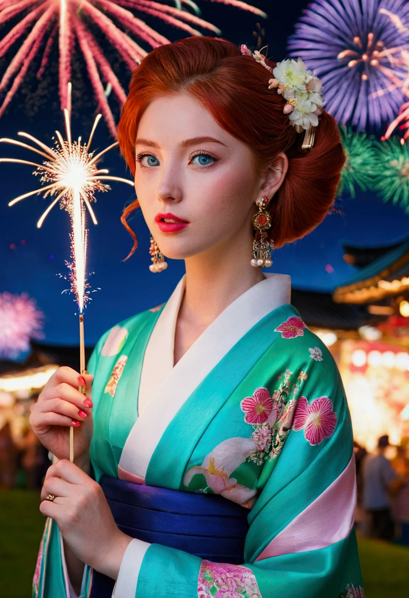 Best Quality,masterpiece,looking at the viewer,absurdities,1 girl, depth of field,retro artstyle,1990s \(style\),Shan,For the blue,green eyes,lipstick,by the wide,earrings,make up,kimono, Fireworks, Forks,aerial Fireworks,festival,japanese clothes,summer festival,, redhead, Long hair, big bust