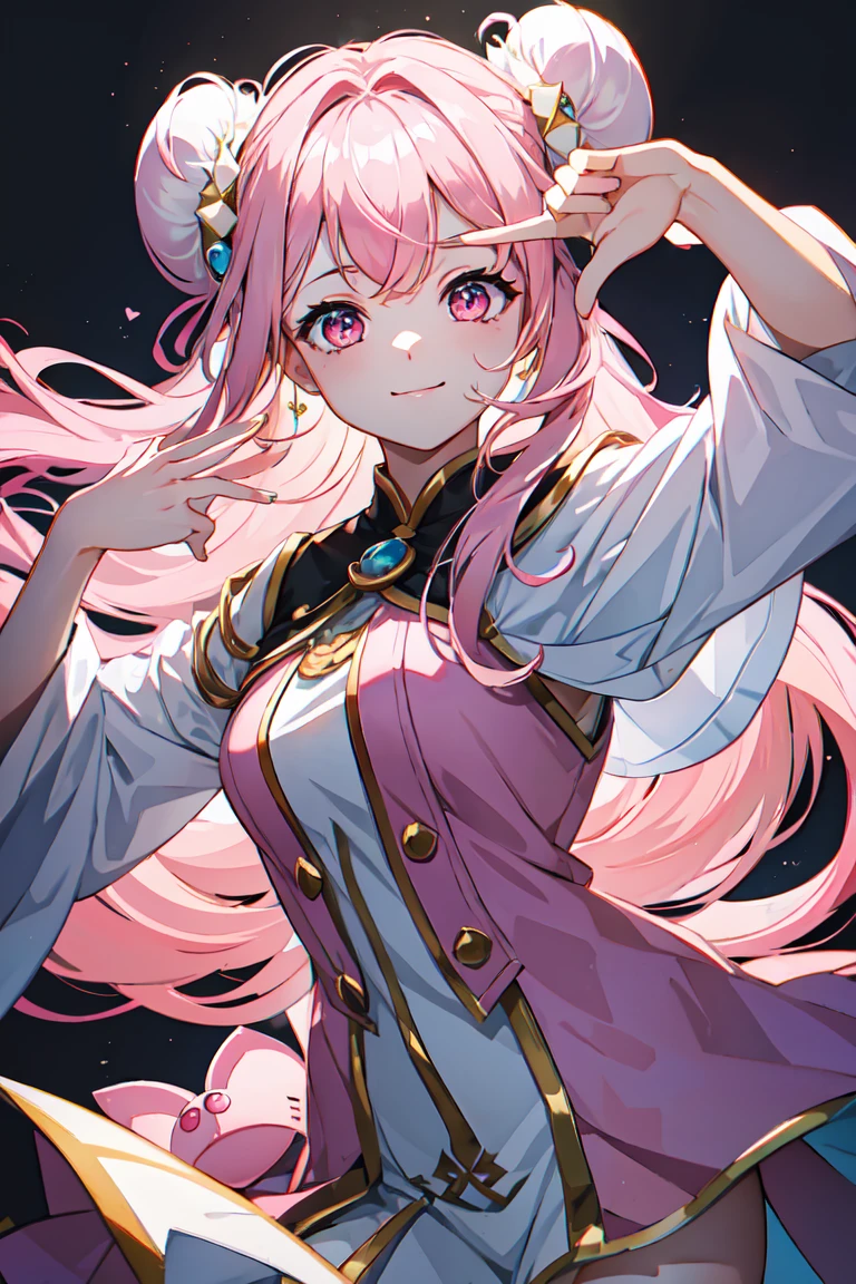 masterpiece、High resolution、high quality、delicate、ultra High resolution、8k、1 female、(Hair Ribbon:0.4), Pink Eyes,(((White bun hair))),(((Pink long hair)))、smile、Dark lips、Blue dress、Perfect hands