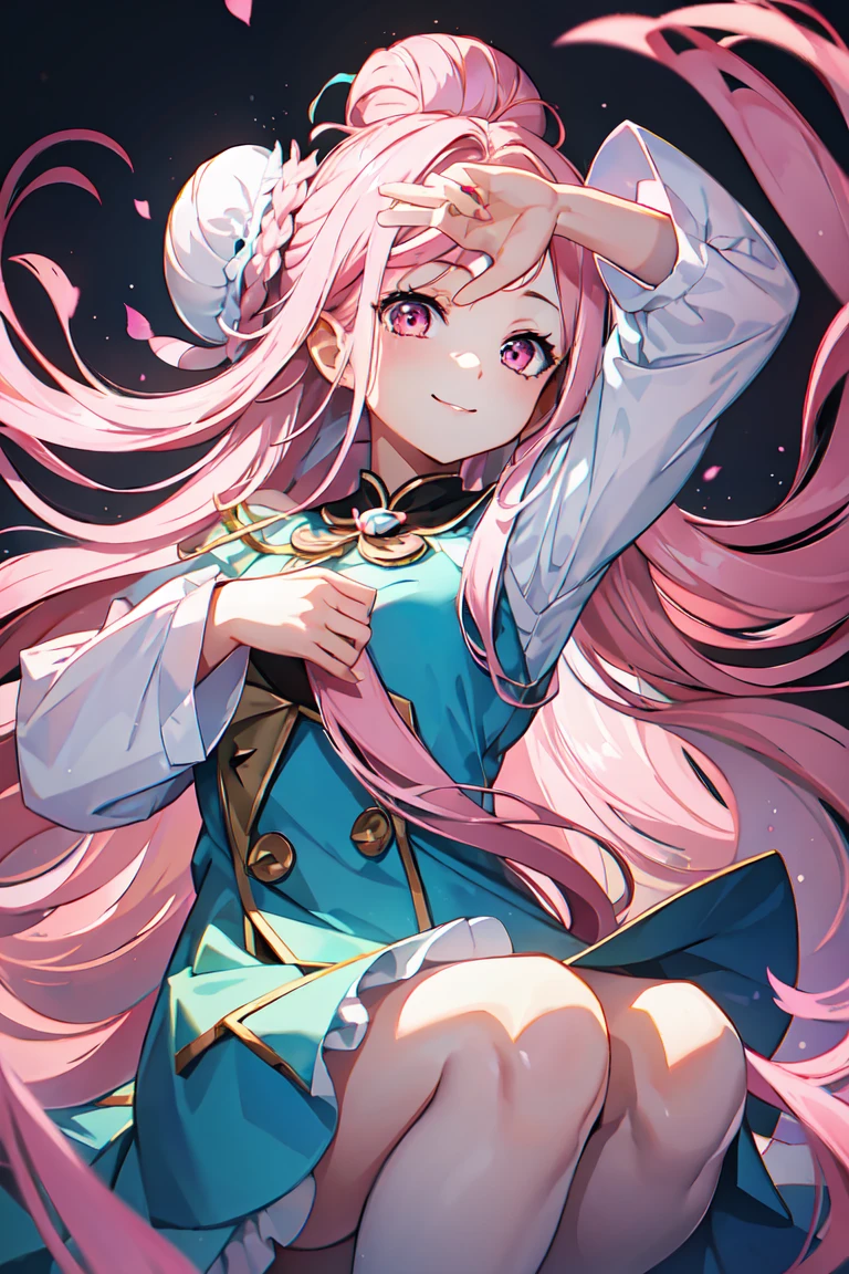 masterpiece、High resolution、high quality、delicate、ultra High resolution、8k、1 female、(Hair Ribbon:0.4), Pink Eyes,(((White bun hair))),(((Pink long hair)))、smile、Dark lips、Blue dress、Perfect hands