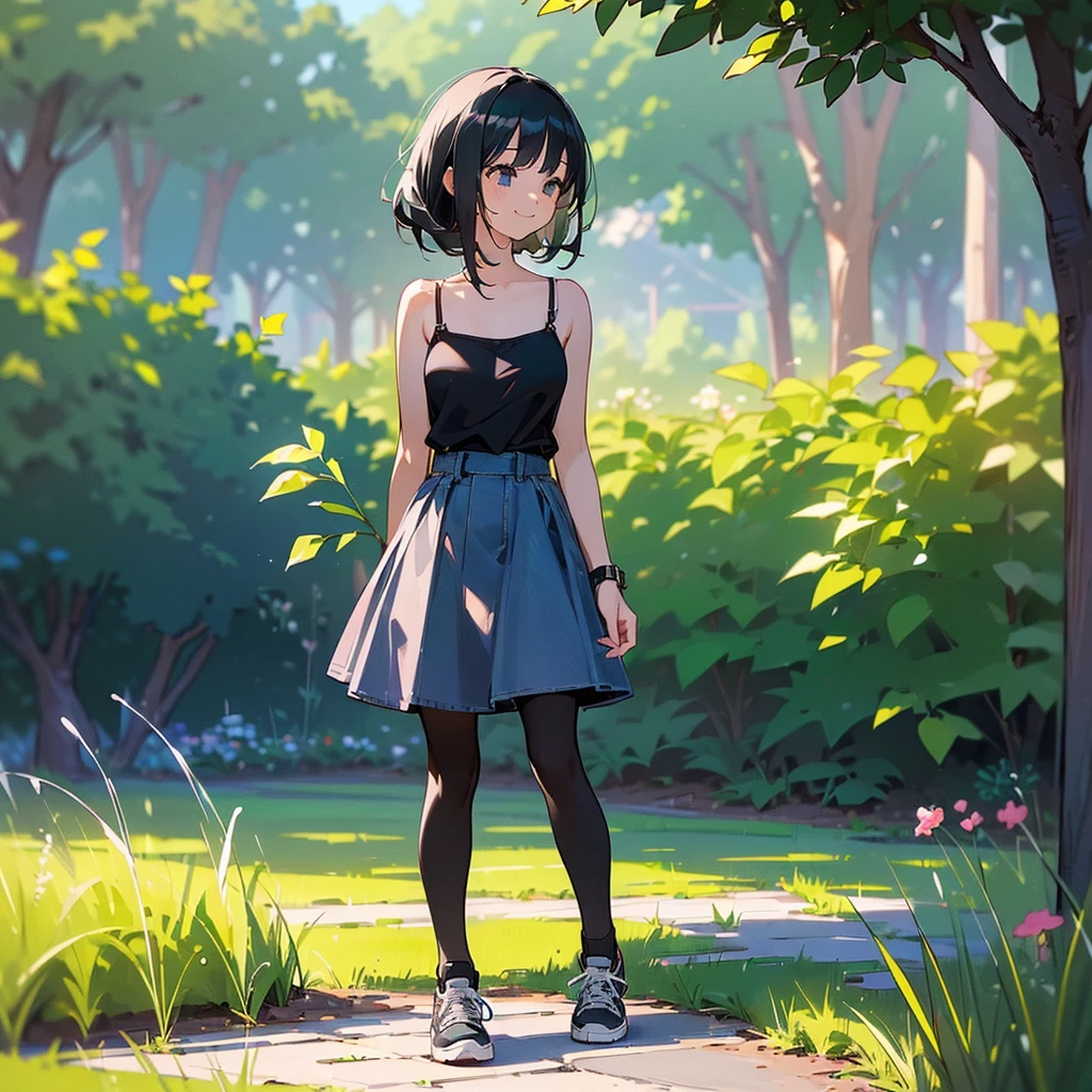 (high quality, High resolution, Very detailed, reality:1.37), Peaceful atmosphere, (Outdoor, garden), Teenage girl standing alone, (my breasts are big.), Beautiful details, Cute Smile, (Black bob hair), camisole, Denim skirt, Black tights, sneakers.