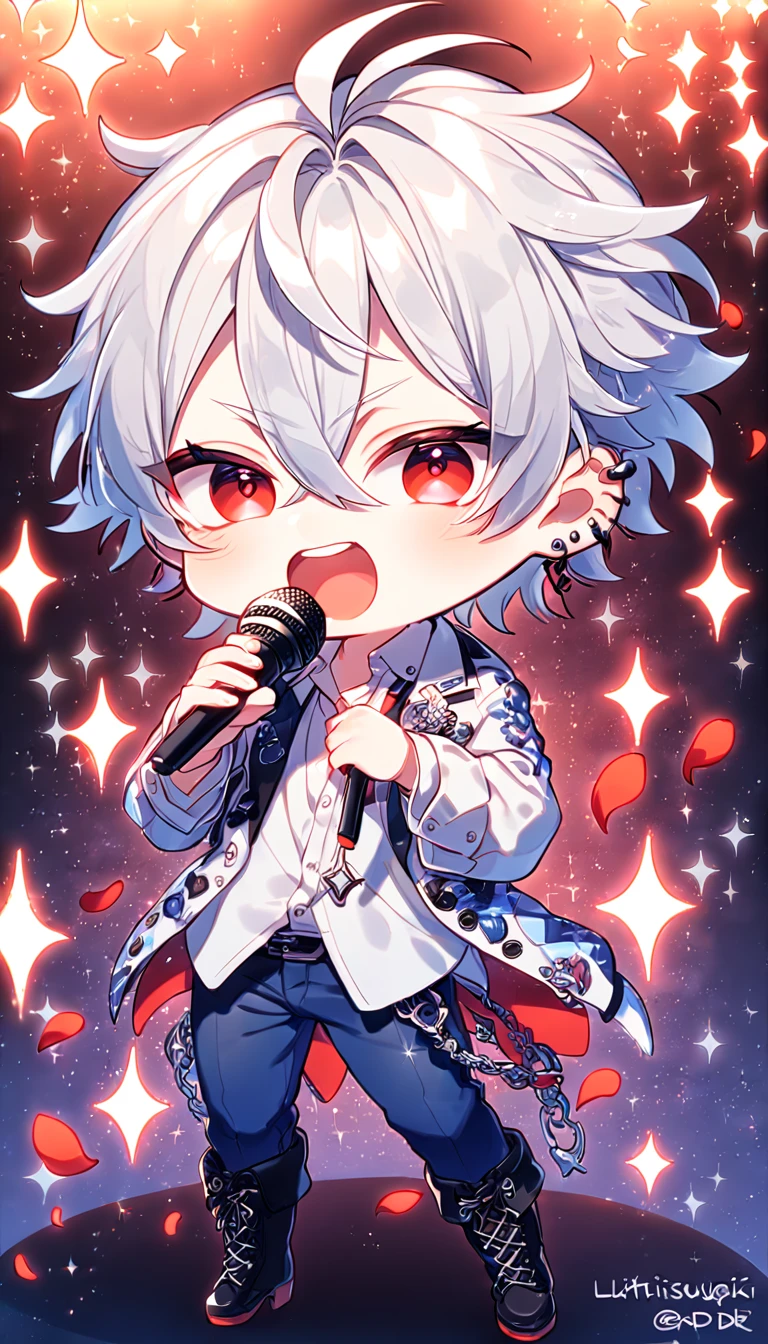 absurdres, highres, ultra detailed, HDR, master piece, best quality, extremely detailed, Aohitsugi Samatoki chibi, chin length white hair, expressive red eyes, long eyelashes, Hypnosis Mic, white shirt, blue pants, black boots, ear piercings, solo, cute, fantasy, holding a microphone, singing, stage, sparkling, red glittering lights, magical, red petals, lights