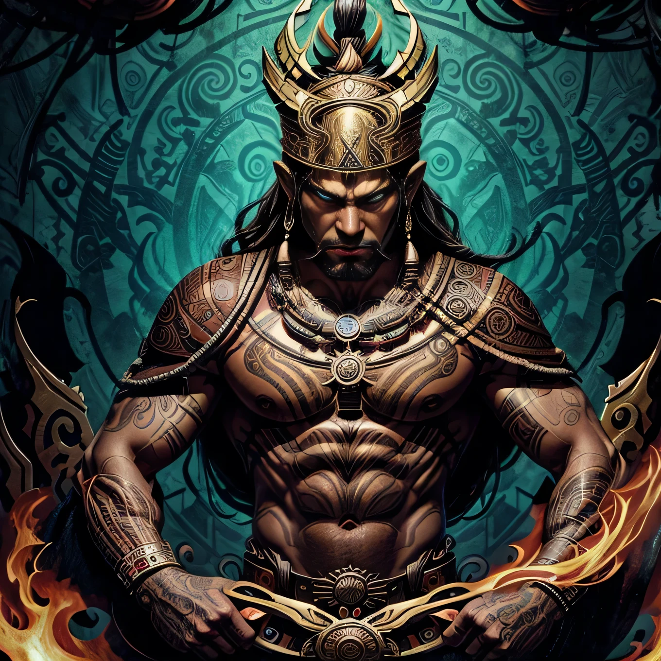 Simbolo da supremacia maya explosive, supernatural painting of a shape-shifting deity, adorned with chaotic and omnipresent Mayan motifs, piercing eyes, a breathtaking amalgam of art and captivating photo collage, Mesmerizing poster design:: woody tone:: full body:: warrior man:: its appearance exuded the enigmatic allure of ancient Mayan minimalism fused with cosmic chaos:: --ar 9:16 --s 963 --c 9 --q 2 --v 5
