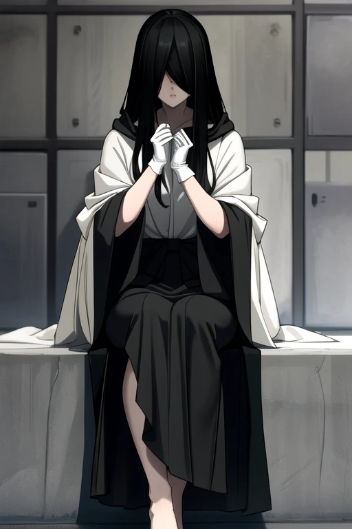 ((masterpiece)), (best quality), (absurdres), black hair, yamamura_sadako, (black obi), (grey skin), hair over eyes, eyes covered, long skirt, long cape, long sleeves, cloak. White gloves, sitting