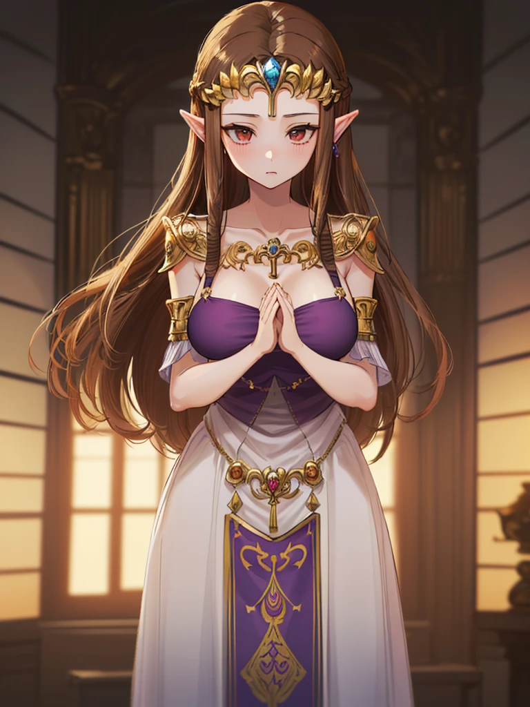 (((Offer a prayer))),(()),((valley)),((((Exposed shoulders)))),(((Are standing))),,(((Golden hair ornament)),,(((Long Hair)))),((Big Breasts)),((((Exposed shoulders)))),(()),Princess Zelda, ((Highest quality)),,(Very detailed) ,((Purple Blouse),(()),, ((Highest quality)), (Very detailed), ,(((Dark brown hair))),Nintendo, (Straight hair),(()), ((Highest quality)), (Very detailed), ,