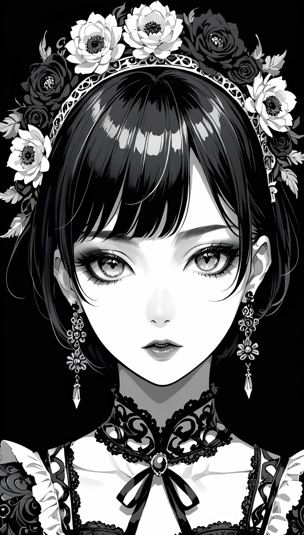 in style of Jaehyo Lee,in style of A. R. Penck,in style of Santiago Caruso,in style of Aleksi Briclot,in style of Mike Azevedo,
1girl,solo,hair ornament,short hair,black background,looking at viewer,hair flower,flower,simple background,earrings,upper body,hairband,bangs,jewelry,ribbon,medieval turtleneck pattern maid set,neck ribbon,(monochrome:1.4),(black and white:1.4),pale blue pupils,(insanely detailed and intricate, hypermaximalist, elegant, ornate, hyper realistic, super detailed),(confusing art style:1.1),(messy brushstrokes:1.2),
