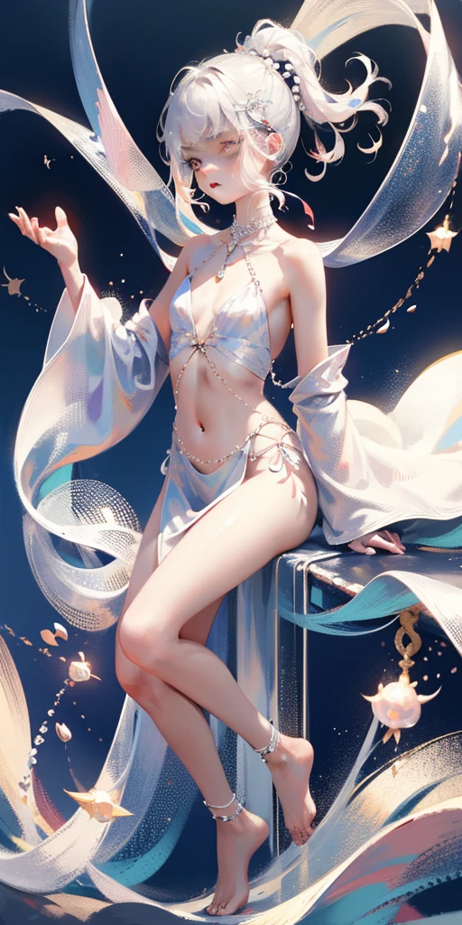 A girl、symmetry,Daughter,whole body female love,Put your hands together and bloom,(Very detailed:1.1),((small :1.2))、The eyes are well drawn、Charming eyes、Double tail、Wear jewelry and pearls around your neck,Transparent openwork、Deep V、Crystal Pearls、在Wear jewelry and pearls around your neck,white hair, show your thighs, Bare shoulders, Show clavicle, Yao Liu, barefoot,((whole body))、painful posture