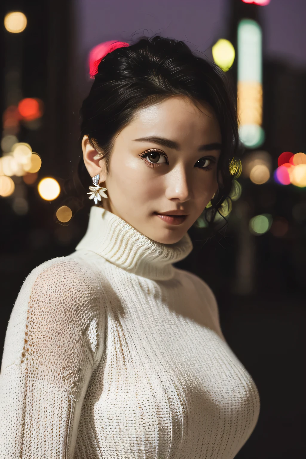 (masterpiece,highest quality:1) Detailed face、Bust shot of a very beautiful woman wearing a turtleneck sweater that is too large and too coarsely knitted、The bra is visible through the knitted sweater. (((Very sharp focus、Sharp cutting edge)))、Beautiful photos of sweaters, Japanese adult women as movie stars, movie premiere gala, Dark and gloomy atmosphere (masterpiece:1.2) Night view of Tokyo in the background、 (Realistic:1.2) (bokeh) (highest quality) (detailed skin:1.2) (Intricate details) (At night) (8k) (High resolution) (Cinema Lighting) (Sharp focus), ((Close-up portrait:1.2)), (Earrings), Avert your eyes ,(nature_skin,realskin:1.5), black_eye, low_slanting shot, outside_door, Detailed face、Detailed chest、
