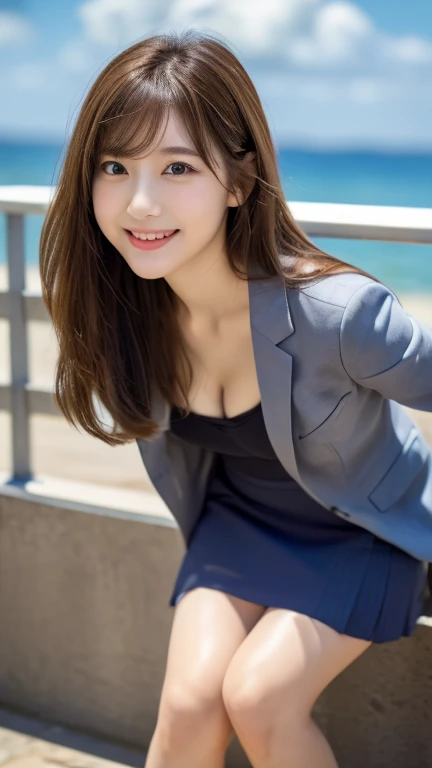 ((Highest quality、8k、masterpiece:1.3))、sunny、(Cafe)、Ocean Background、Young Japanese woman,(Anatomically correct body)、(Perfect Body Beauty:1.2)、Highly detailed beautiful face、Beautiful skin texture、(Cute smile)、(Well-formed eyes、Beautiful Eyes)、double eyelid、Large Breasts、Beautiful long legs、(Looking into the camera)、((stripe business suit,mini skirt))、(leaning forward:1.3), (hands on knees:1.3)