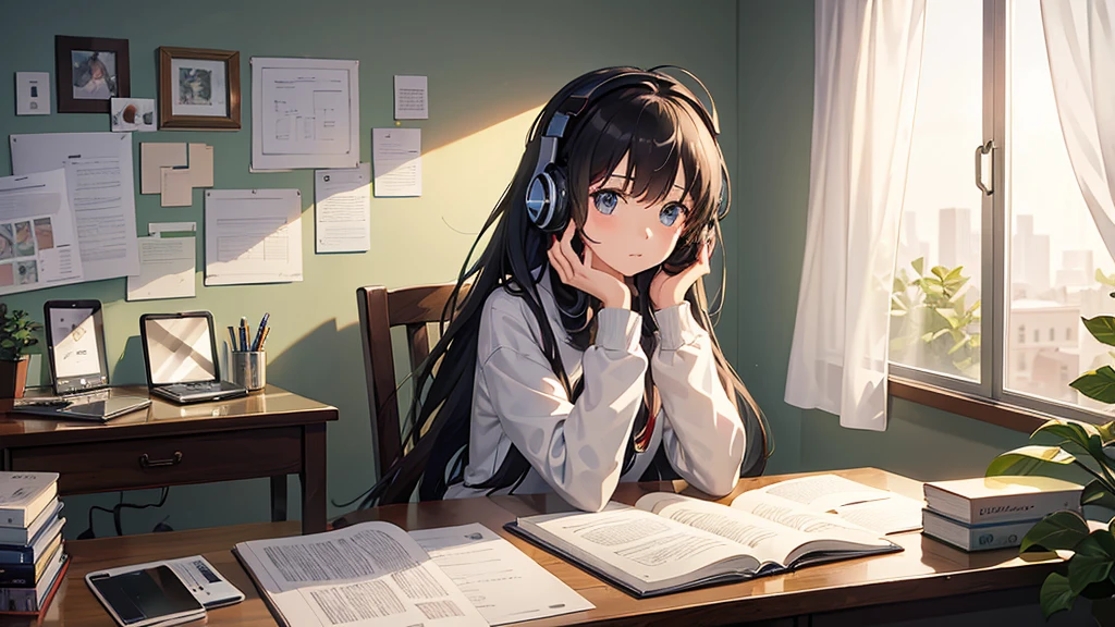 A young girl is sitting at a desk in her room, wearing large headphones and listening to music. She is surrounded by textbooks, notebooks, and a laptop. The room is cozy and well-lit, with a window showing a peaceful evening sky. The girl has a focused expression as she studies, with her hair slightly messy from concentration. There are small personal touches in the room, such as posters on the wall, a cup of coffee or tea on the desk, and a few scattered pens and papers.