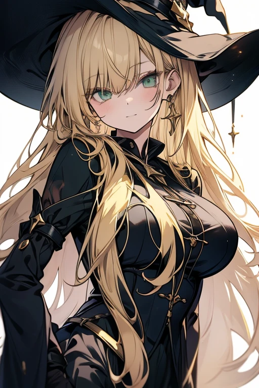 A witch with long blonde hair, green eyes and large breasts.