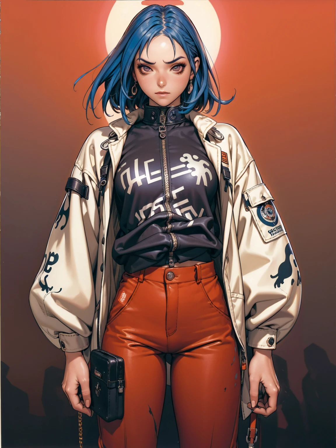 (((best qualityer))), (((manga strokes))), (((colorful punk hair))), uma Kizi jovem muito bem vestida com roupas modernas de inverno, pants with red and black zig-zag pattern, top gift vertical stripes, short jacket with dark fur collar, beautiful and expressive face, slightly-smile, big eyes with long black eyelashes, heavy make-up, chains and zippers spread across clothes, contrasting colours, pose de atitude, hair with a modern and futuristic cut, urban game poster art, dramatic camera angles, graffiti art elements in the background, design mixing contemporary and retro by Shepard Fairey, (((cowboy shot))), (((best qualityer: 1.4))), (Unbeatable masterpiece), (hiper HD),(CG 8k hyper-realistic), Kizi, (((standing alone))), pirralha violent, (((14歳))), sexly, pose de atitude, work of art, post-apocalypse, (((manga style))), bounty hunter, violent, Manic, the way you want, slenderbody, thin but strong, perfectbody, roupa moderna, advanced technology, neon, sleeves with vertical striped pattern, neutral background, (( cowboy shot )). intricate visual