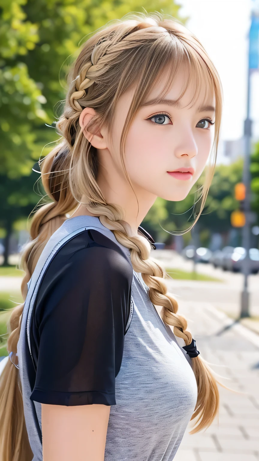 Sexy Big 、Sexy cute looks and cute beautiful girl, beautiful and sexy face、A strong wind blows my hair in front of my face、beautiful long blonde French braided hair、beautiful, Cute and sexy eyes hidden behind long bangs